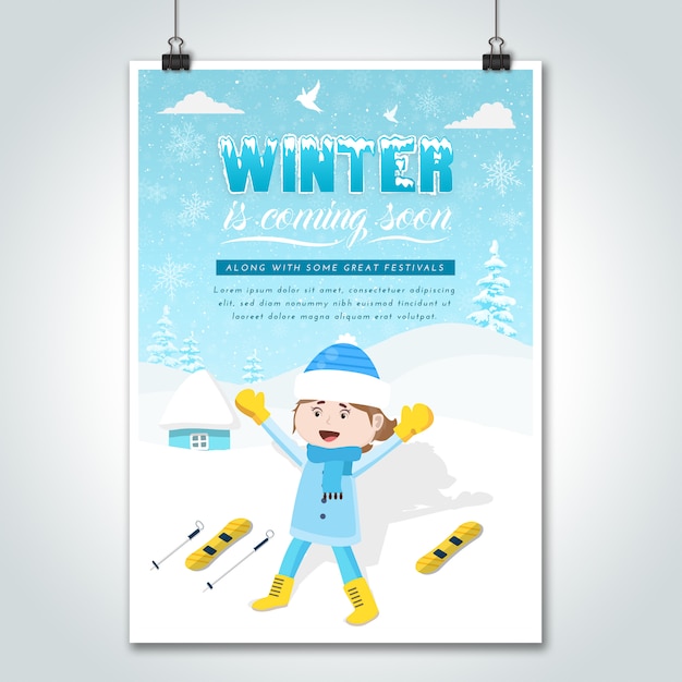 Vettore ski girl cartoon winter poster