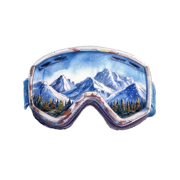 ski goggles with mountain scene on glasses vector illustration in watercolour style