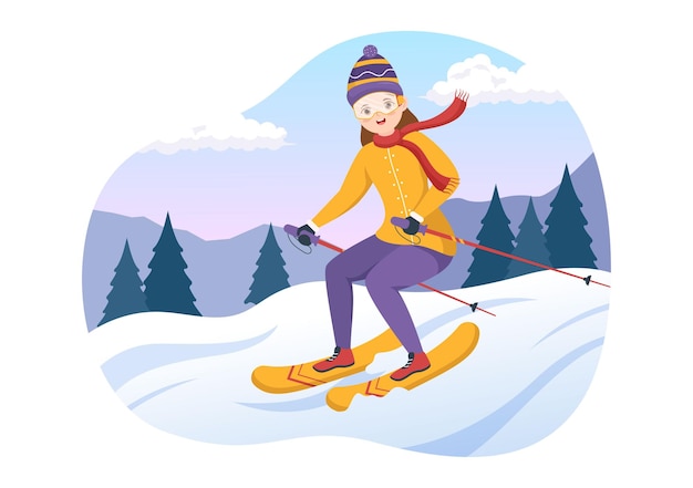 Vector ski illustration with skiers sliding near mountain going downhill in winter sport cartoon hand drawn