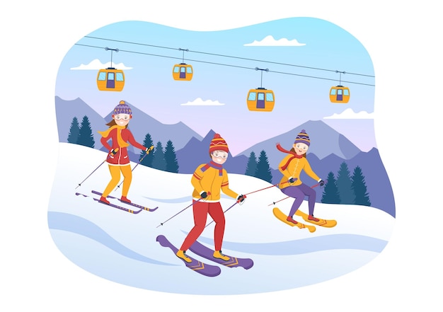 Vector ski illustration with skiers sliding near mountain going downhill in winter sport cartoon hand drawn