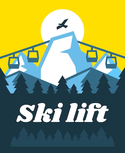 Vector ski lift lifts up the mountain fresh air on the horizon winter nature view pine forest mountain vector illustration flat style