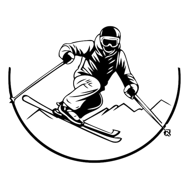 Ski-logo of -icoon met skiër op berghelling