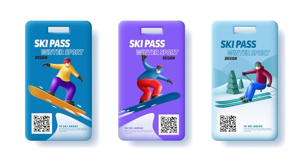 Modello di tessera di ammissione skipass con illustrazione di rendering 3d di sciatore e snowboarder sulla pista con codice qr