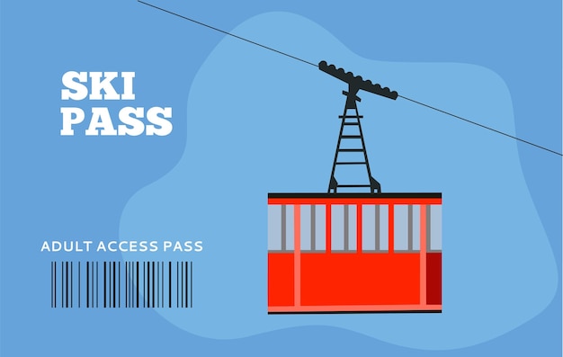 Ski pass. Ski resort, air lift flat vector illustration. Alps, firs, mountains wide panoramic