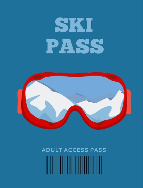 Ski pass. ski resort, snowboard mask with reflection of snowy mountains. alps firs, mountains