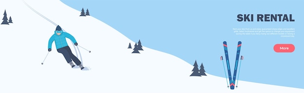 Прокат лыж горизонтальный баннер Зимний спорт Лыжник мчится по склону Зимние каникулы