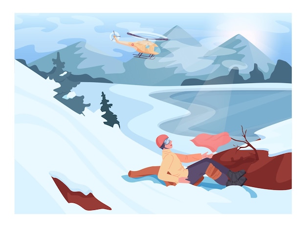 Vector ski resort finding people operation. rescue helicopter looking for victims. skier with a leg fracture waiting for a help. flat vector illustration