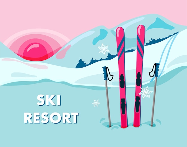 Vector ski resort  illustration with a pair of skis on the background of a snowy landscape and mountains sunset