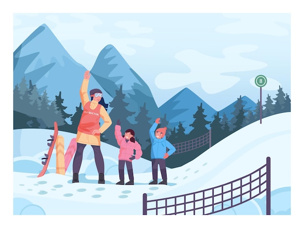 Вектор Инструктор горнолыжного курорта обучает детей катанию на сноуборде. дети разминаются перед катанием на сноуборде. маленький сноубордист на безопасной оборудованной трассе. зимний спорт для всей семьи. векторная иллюстрация