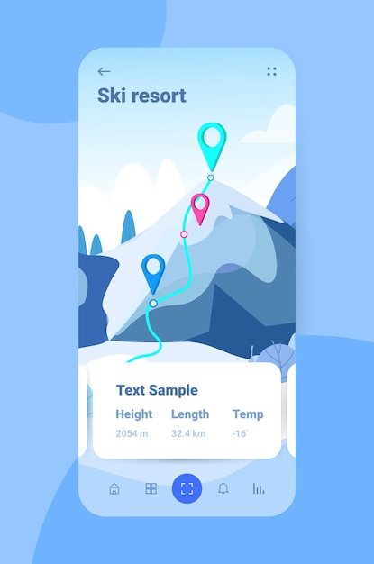 Карта горнолыжного курорта горная навигация для катания на сноуборде и лыжах на экране смартфона вертикальная векторная иллюстрация