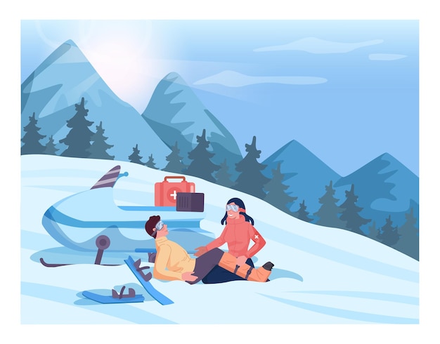 Vector ski resort rescuer. lifesaver on a snowmobile performing a first aid to the victim. skier with a leg fracture. flat vector illustration
