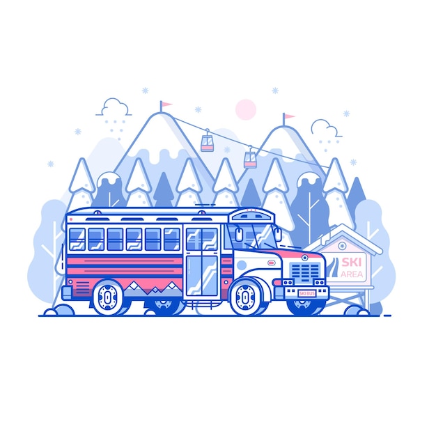 Ski resort shuttle bus and snowy mountain peaks with funicular\
in line art. winter sport center hotel transport concept in flat\
design. hop on skibus service gets to slopes for skiing\
vacation.