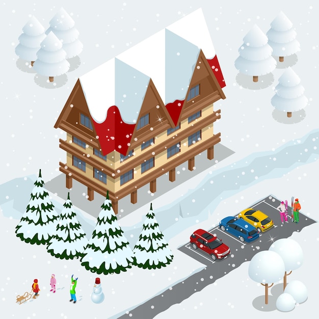 스키 리조트, 슬로프, 스키 리프트에 있는 사람들, 하얀 눈 소나무와 호텔 사이에서 활강의 스키어. 겨울 휴가 웹 배너 디자인. 벡터 아이소메트릭 그림입니다.