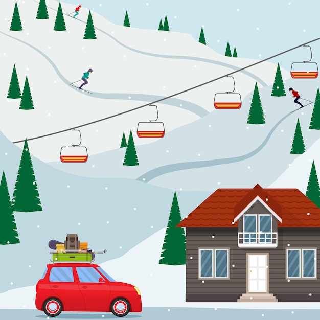 슬로프 스키 리프트에 스키 리조트 눈 산 풍경 스키어 집 스키와 자동차