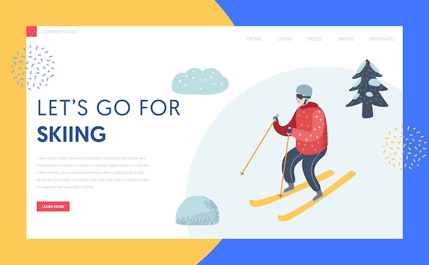 Ski resort winter holidays landing page template. active man character skiing in mountains for website or web page. outdoor activities concept. vector illustration