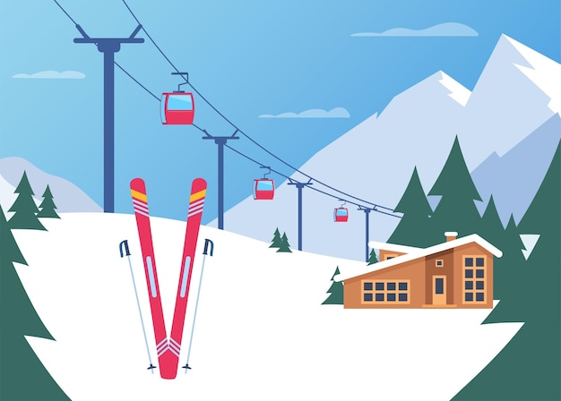 スキーリゾートロッジスキーリフトのある冬の山の風景ウィンタースポーツ休暇バナー