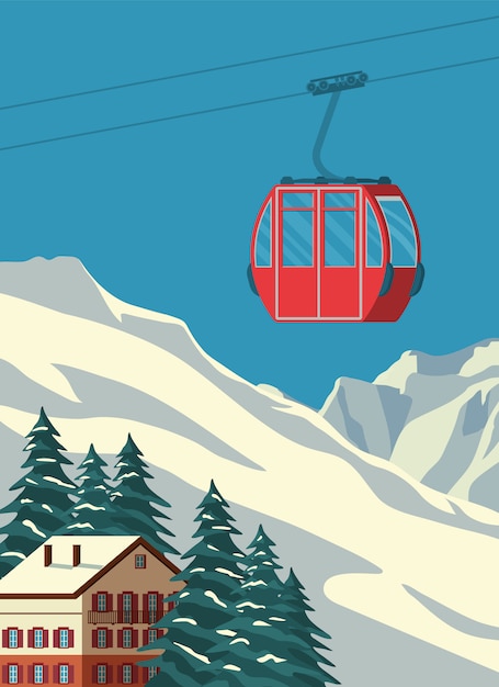 Vector ski resort with red gondola lift, chalet, winter mountain landscape, snowy slopes. alps travel retro poster, vintage. flat illustration.