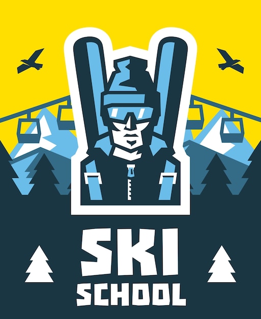 Vector ski school education training mentoring logo skier in glasses fresh air on the horizon winter nature view pine forest lifts up the mountain vector illustration flat style