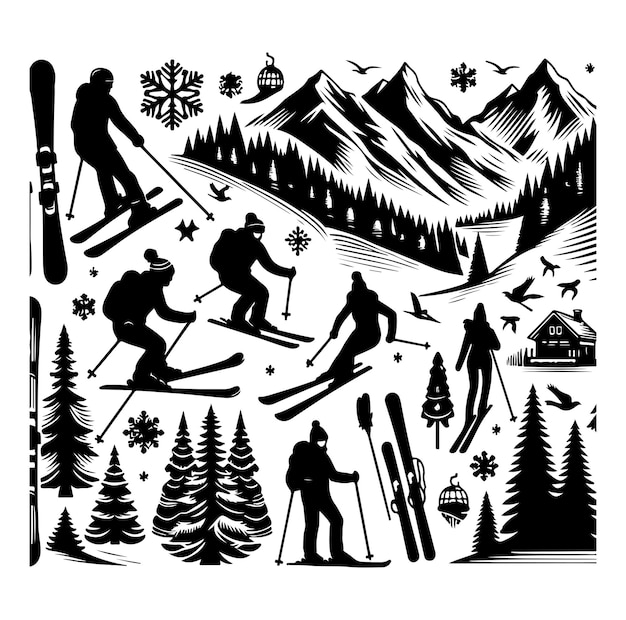 Vector ski silhouette snow ski set