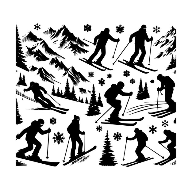 Vector ski silhouette snow ski set