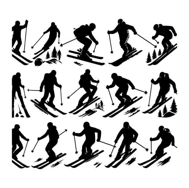 Vector ski silhouette snow ski set