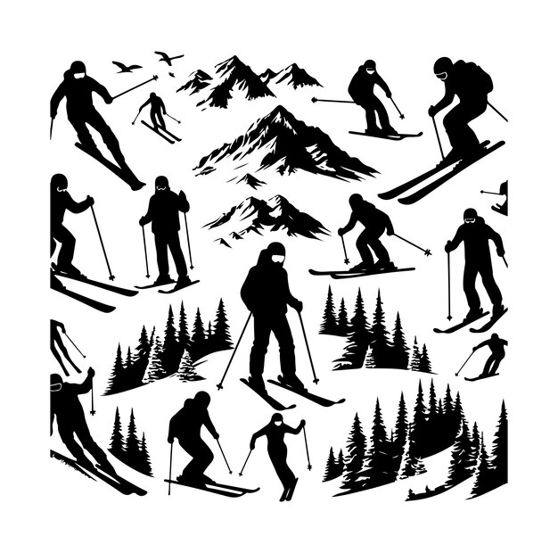 Vector ski silhouette snow ski set