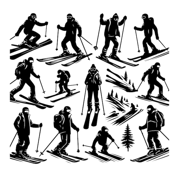 Vector ski silhouette snow ski set