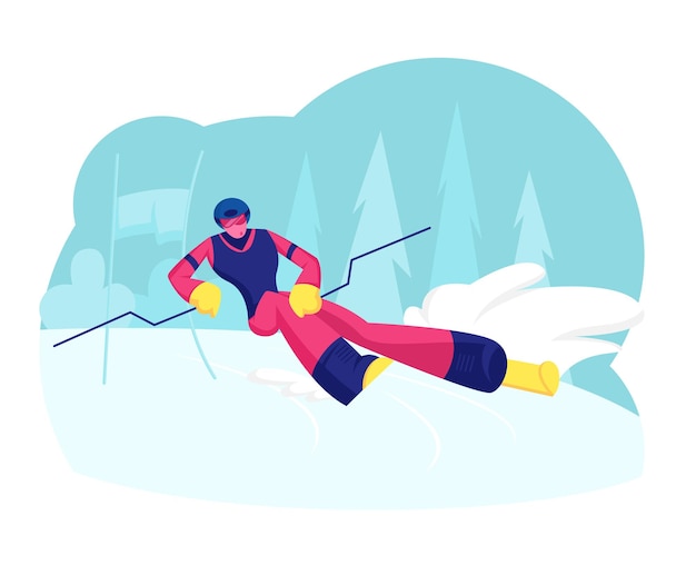 Ski Slalom Winter Sports. Cartoon Flat Illustration