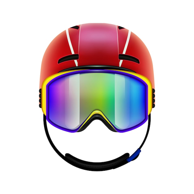Ski snowboard uitrusting realistische compositie met geïsoleerde afbeelding van helm op lege achtergrond vectorillustratie