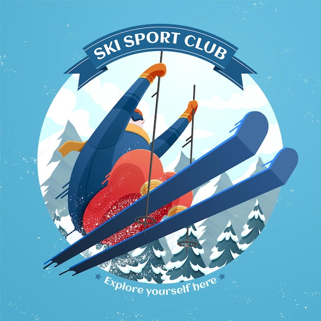 Vector ski sport club illustration with skier jumping in the air on ski resort background