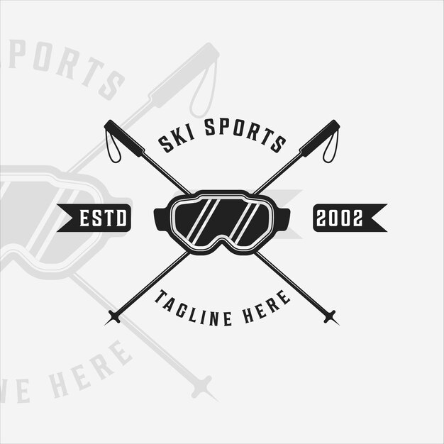 Ski sport logo vintage vector logo illustratie sjabloon pictogram grafisch ontwerp. skibril skistok symbool of teken voor wintersportwinkel of bedrijf met retro typografiestijl