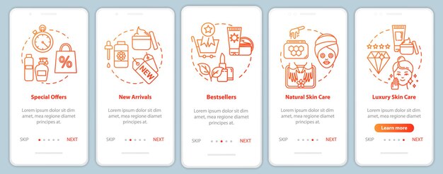 Skicare onboarding mobiele app paginascherm met concepten. Bestsellers en speciale aanbiedingen. Cosmetische producten walkthrough 5 stappen grafische instructies. UI-vectorsjabloon met RGB-kleurenillustraties