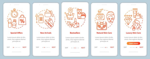 Skicare onboarding mobiele app paginascherm met concepten. bestsellers en speciale aanbiedingen. cosmetische producten walkthrough 5 stappen grafische instructies. ui-vectorsjabloon met rgb-kleurenillustraties