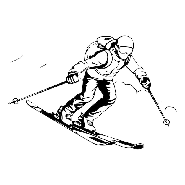 Skiën in de bergen Vectorillustratie van een skiër die bergafwaarts skiet