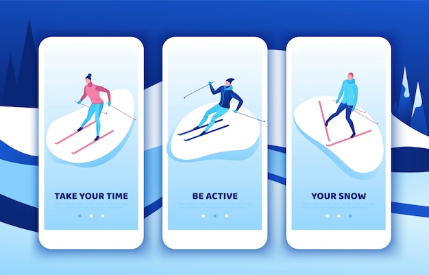 Vector skiën mobiele app sjabloon set