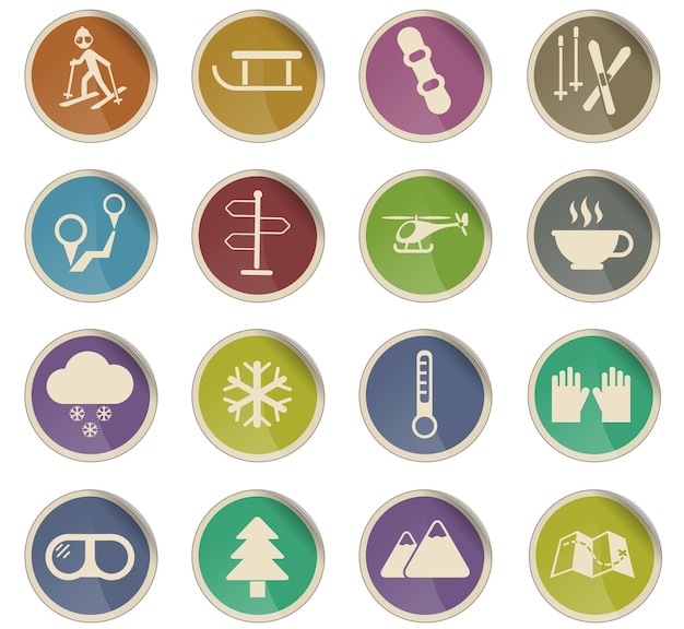 Skiën vector iconen in de vorm van ronde papieren etiketten