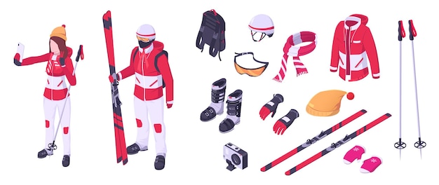 Vector skier equipment active extreme winter sport cartoon gear concept vacation with snowboard speed lifestyle skater accessories isolated on white background vector illustration