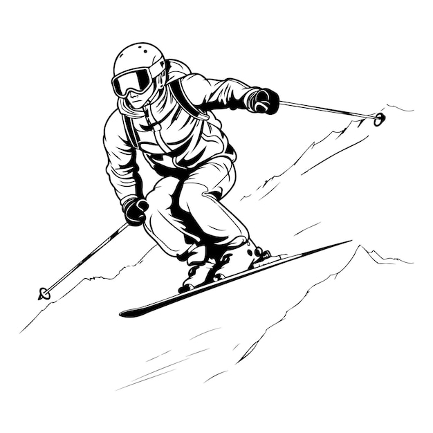 Skier jumping on a mountain slope Vector illustration in black and white colors