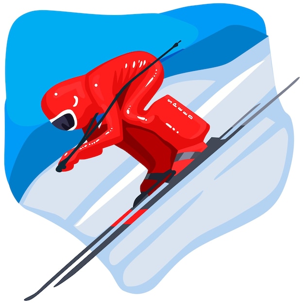 Vector a skier in a red suit is going down a hill.