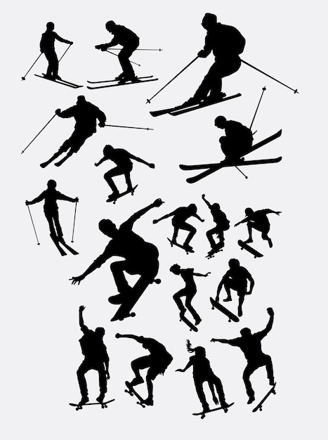Skier and skateboarder sport people silhouette