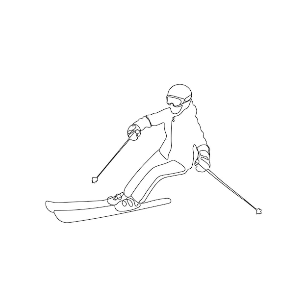 Skier, skiing. One line vector. Descent from the mountain. Winter sport and tourism concept.