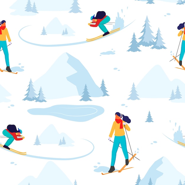 Skiers seamless pattern People skiing in colorful clothes Young woman on ski in winter snow mountain Alps Blue trees ice lake on white background Country cross activity Vector illustration