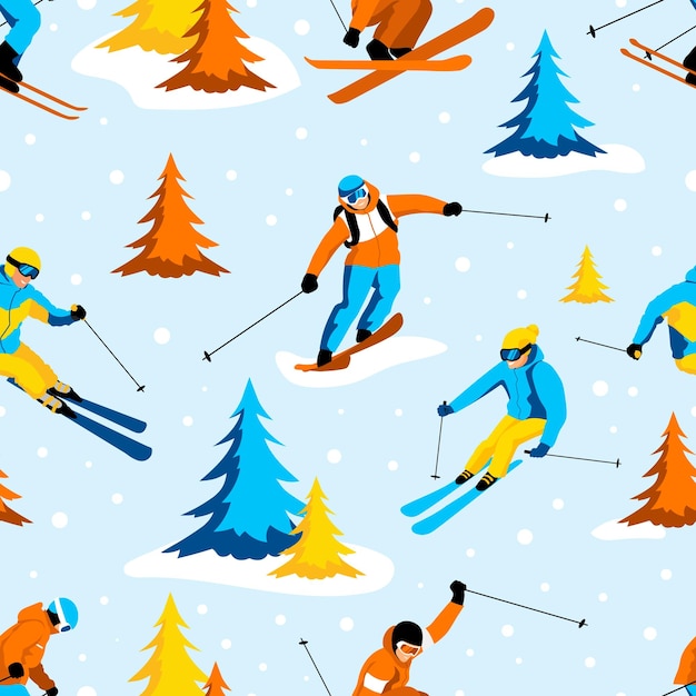 Vector skiers seamless pattern people skiing jumping downhill free ride on ski in winter snow forest multicolored trees snowflakes on blue background country cross sport activity vector illustration