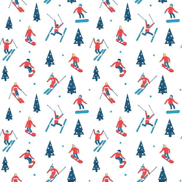 skiers and snowboarders cartoon flat style. ski resort. winter sport activity. seamless pattern.