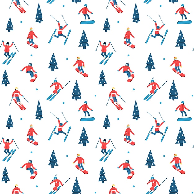 Vector skiers and snowboarders cartoon flat style. ski resort. winter sport activity. seamless pattern.