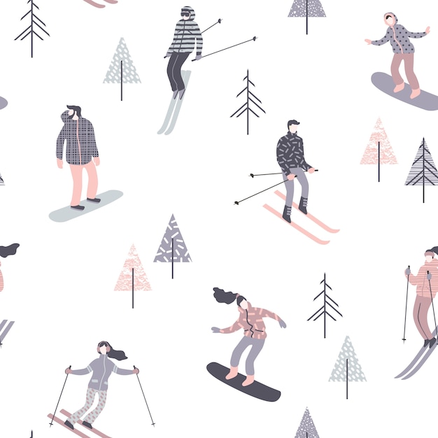 Vettore sciatori e snowboarder. seamless pattern.