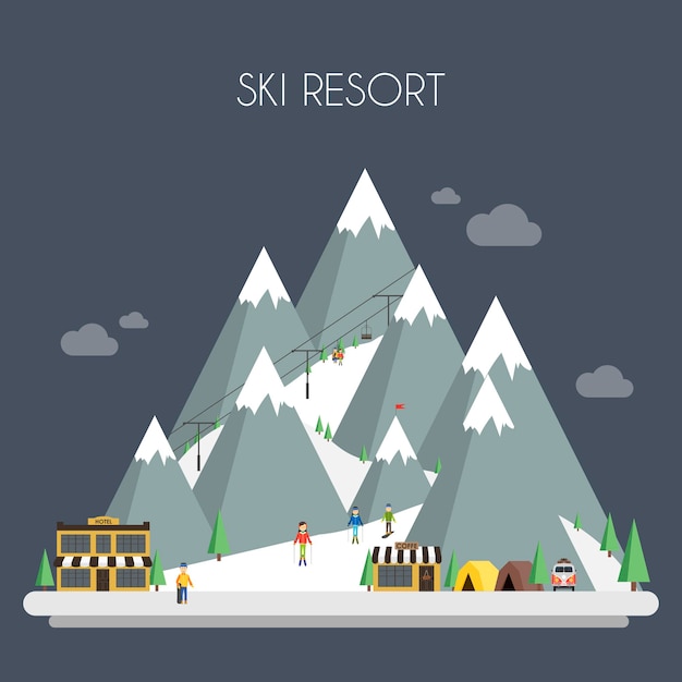 Skigebied. berg landschappen. platte vectorillustraties