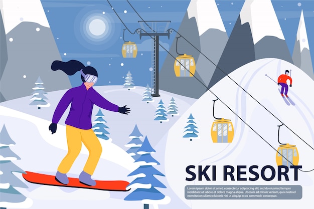 Skigebied illustratie met skilift, snowboarder en skiër. Tekstsjabloon