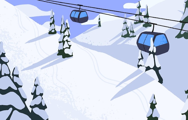 Skigebied met kabelbaan stoeltjesliften en helling bedekt met sneeuw Winterlandschap besneeuwd landschap met kabelbaanbomen in de bergen van de Alpen bij koud zonnig weer vorst Platte vectorillustratie