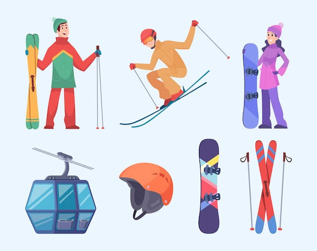 Skigebied winter ski berglandschap vakantiedorp voor reizigers alpen routes exacte vector platte illustraties set geïsoleerd